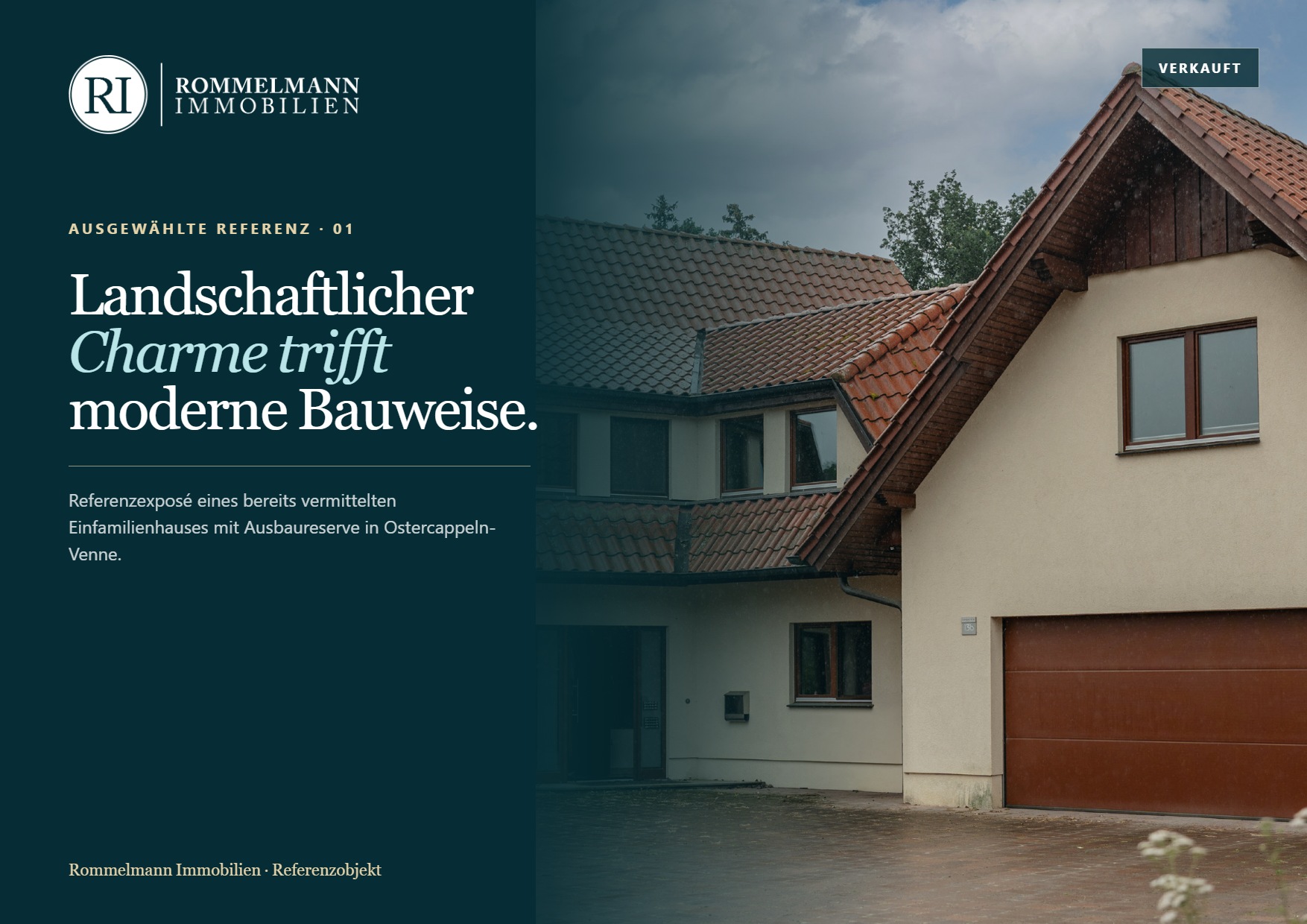 Titelseite des Referenzexposés mit Außenansicht des Wohnhauses in Ostercappeln-Venne