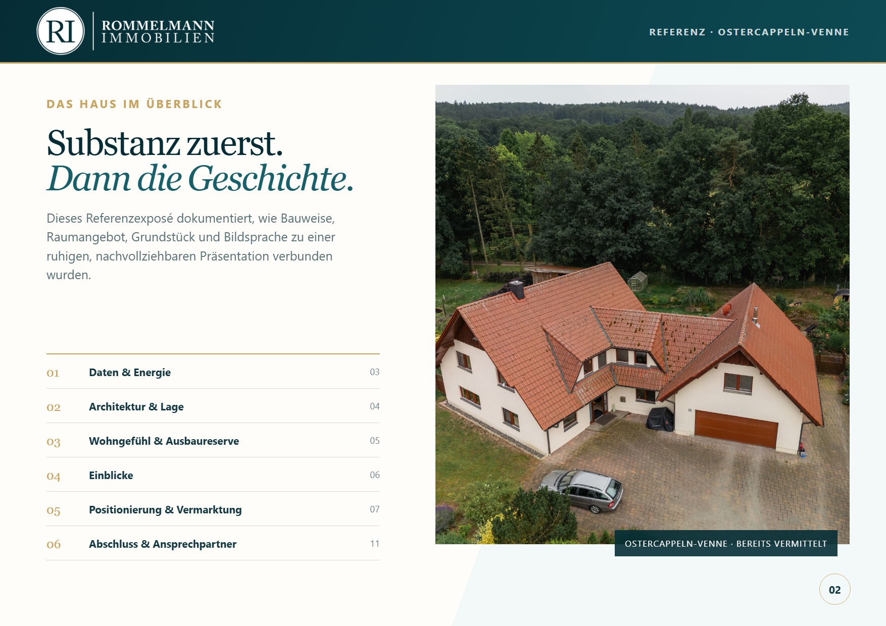 Inhaltsübersicht des Referenzexposés mit Luftbild des Wohnhauses